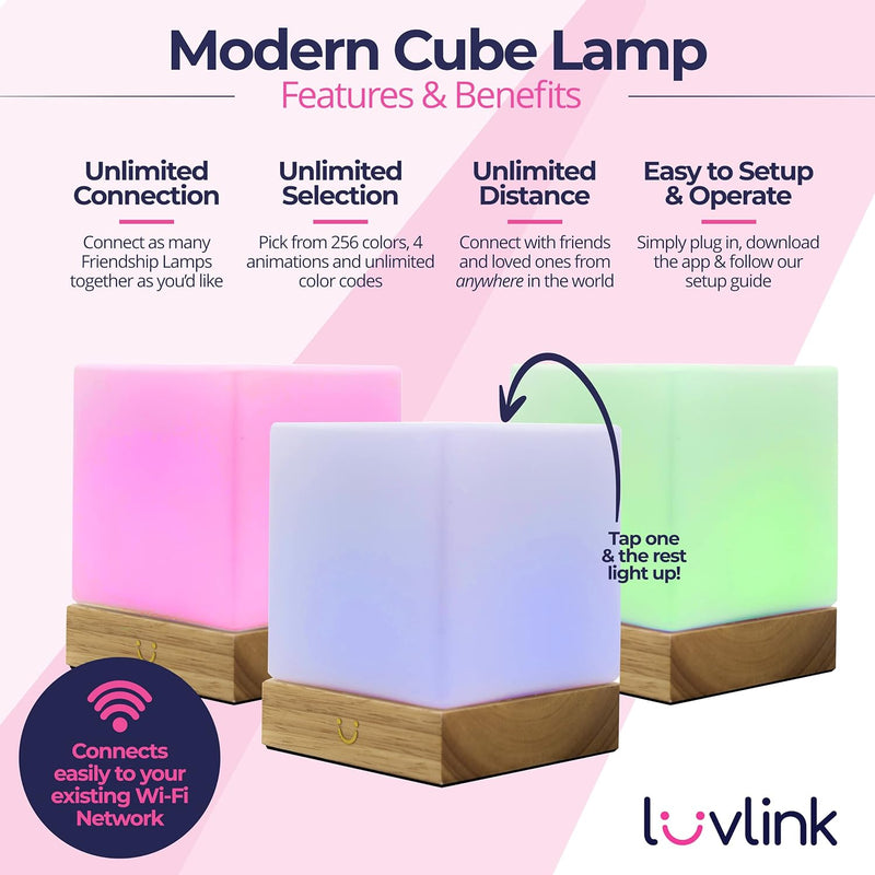 Dacida Cube Friendship Lamp v2 Extended WiFi Range - Bluetooth Setup - Wood & Glass Design (Set of Two, Walnut)