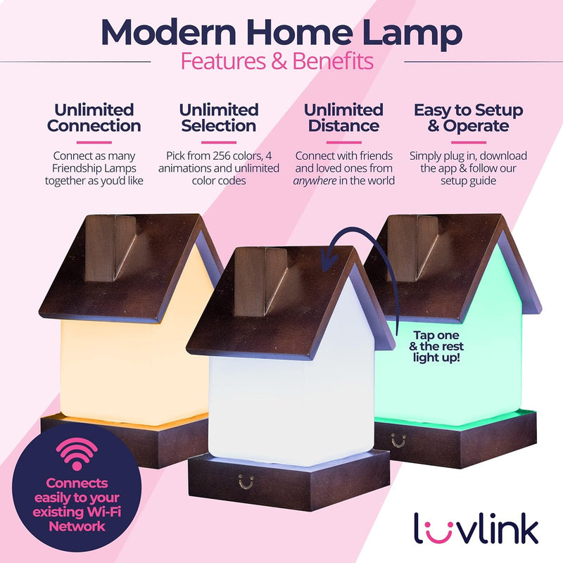 Dacida Home Friendship Lamp v2 Extended WiFi Range - Bluetooth Setup - Wood & Glass Design (Set of Two, Natural)