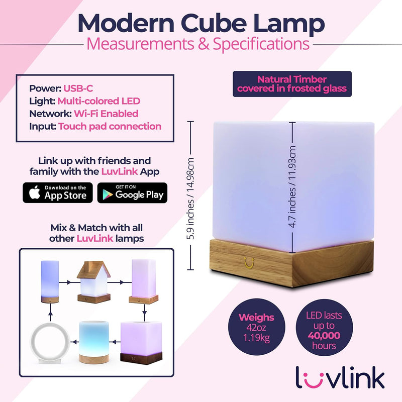 Dacida Cube Friendship Lamp v2 Extended WiFi Range - Bluetooth Setup - Wood & Glass Design (Set of Two, Natural)