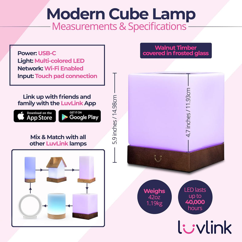 Dacida Cube Friendship Lamp v2 Extended WiFi Range - Bluetooth Setup - Wood & Glass Design (Set of Two, Walnut)