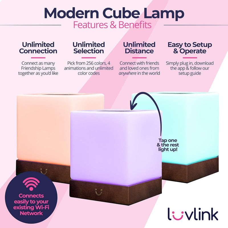 Dacida Cube Friendship Lamp v2 Extended WiFi Range - Bluetooth Setup - Wood & Glass Design (Set of Two, Walnut)